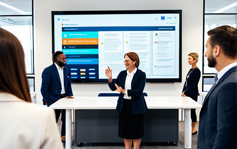 A diverse group of adult professionals, including men and women, collaborating in a modern, brightly lit open-plan learning space. They are gathered around a large interactive screen displaying educational content, engaging in discussion and sharing ideas. Each individual is professionally dressed in modest business casual attire, fully clothed. The background features blurred bookshelves and contemporary design elements. The atmosphere is one of positive global collaboration and shared discovery. Perfect anatomy, correct proportions, natural pose, well-formed hands, proper finger count, natural body proportions, professional photography, high resolution, safe for work, appropriate content, professional, family-friendly.
